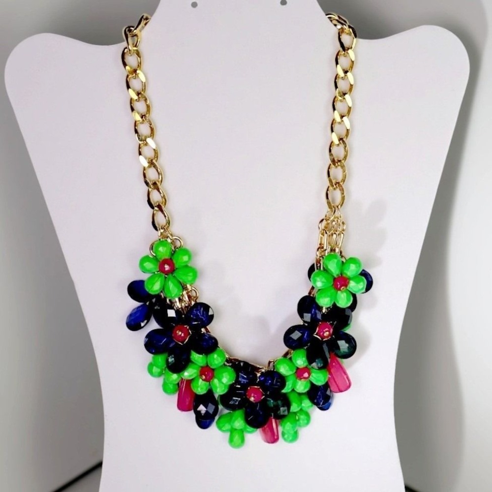 Talbots NOS Neon Lime Green Navy Blue Pink Floral Cluster Statement Necklace